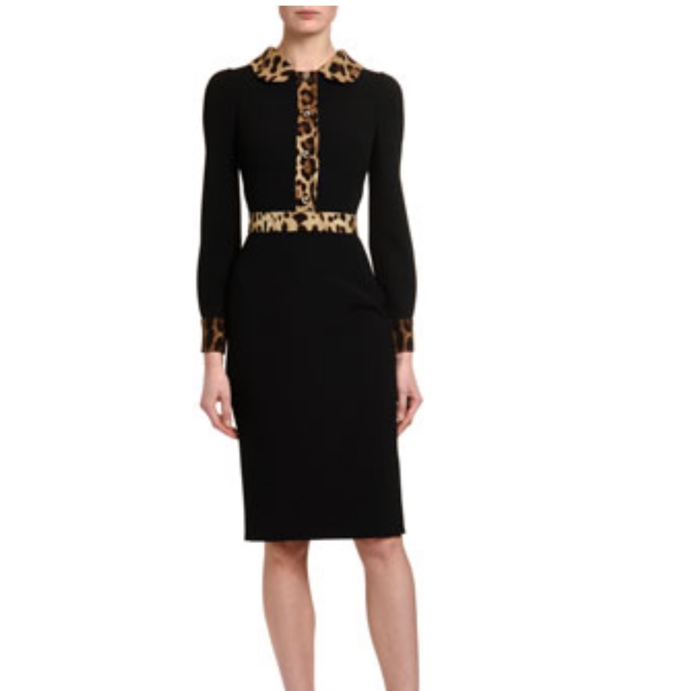 Dolce & Gabbana Long sleeve black with Leopard Trim Cady Dress, size 42, US 4-6